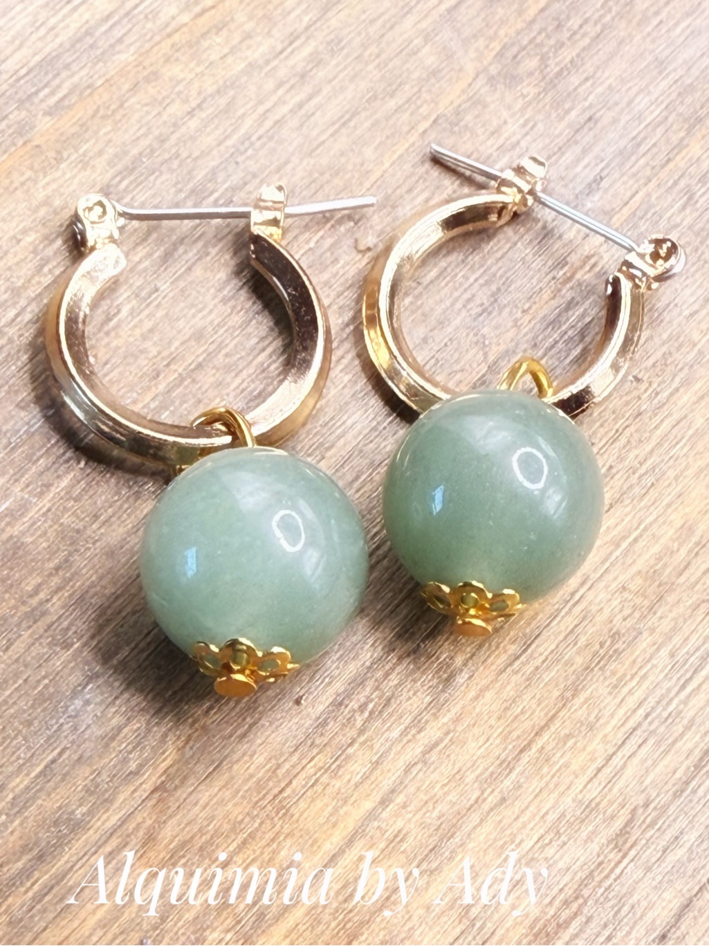 European Vacation Gold Hoops With Sage Green Aventurine Beads